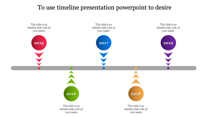 Colorful timeline with circular nodes in red, green, blue, orange, and purple, connected by arrows to a gray bar.
