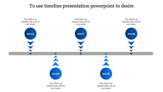 Timeline PowerPoint slide with years 2015 to 2019, each represented by blue circular markers with upward and downward arrows.
