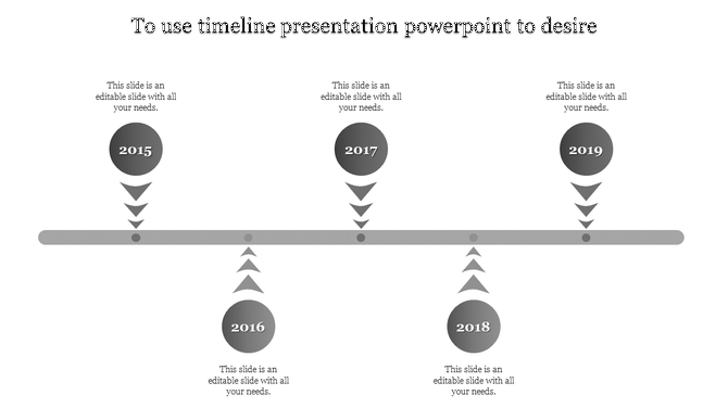 Grayscale timeline with five circular nodes, connected by arrows to a central horizontal bar for clear progression.