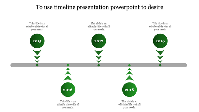 Horizontal timeline with green circular milestones, downward arrows, and text placeholders aligned along a central gray bar.