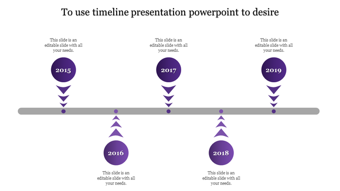 Purple toned timeline with five circular shapes for events, arrows directing towards a horizontal bar for a structured flow.
