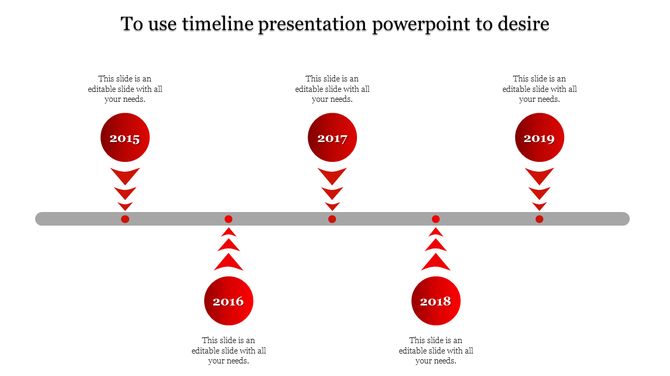 Infographic timeline with red circular year markers, arrow indicators, and text placeholders along a horizontal gray bar.