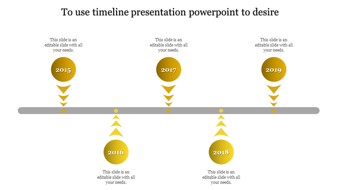 Timeline PPT slide with years 2015 to 2019, featuring yellow circular markers with upward and downward pointing arrows.