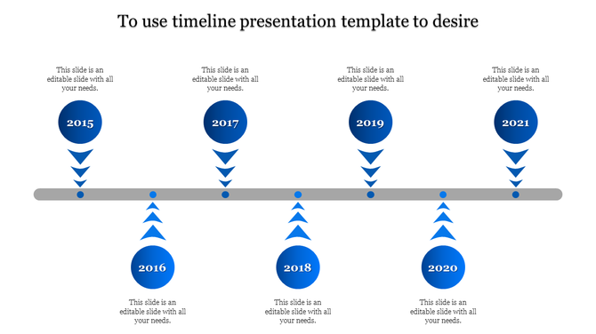 Blue themed timeline slide featuring years 2015 to 2021 with captions for each.
