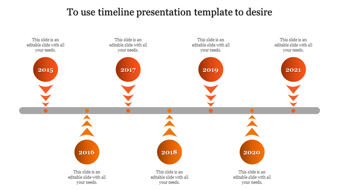 Horizontal timeline with orange circular milestones, downward arrows, and text placeholders aligned along a central gray bar.