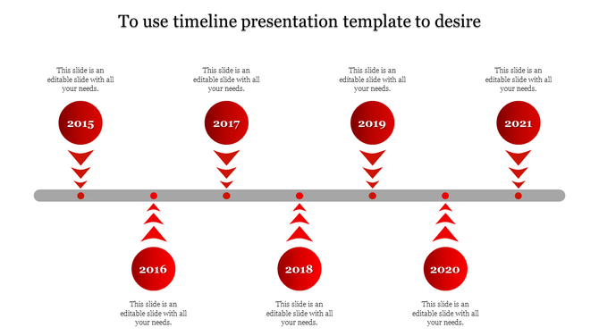 Slide with a timeline from 2015 to 2021, featuring colored arrows and circles with placeholder text areas.