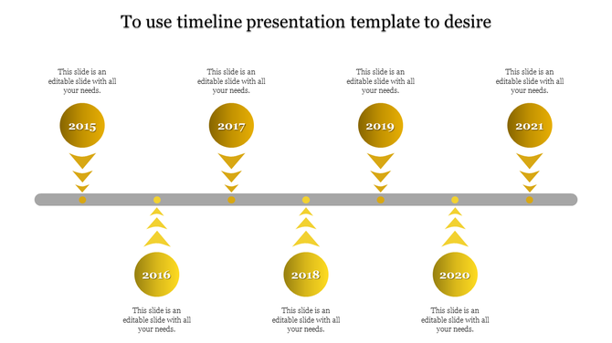 Timeline PPT slide with years 2015 to 2021, marked with yellow circular year markers and arrows pointing downward and upward.