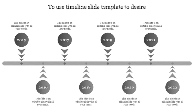 Horizontal timeline with gray circular milestones, downward arrows, and text placeholders aligned along a central gray bar.