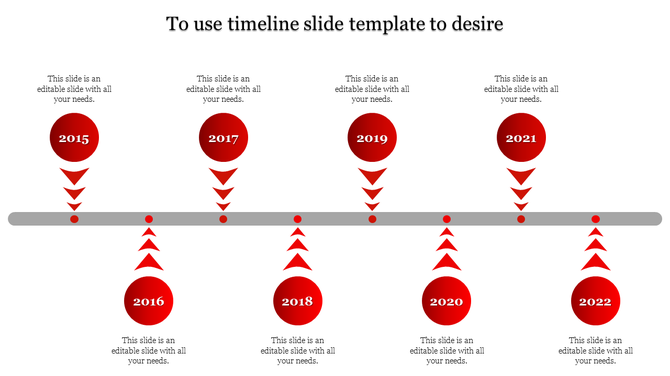Horizontal timeline with red circular milestones, downward arrows, and text placeholders aligned along a central gray bar.