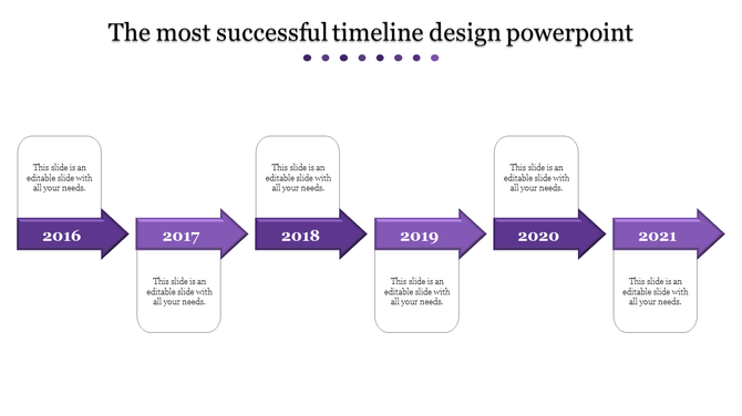 Purple arrow timeline design PowerPoint slide with years from 2016 to 2021 and placeholder text.