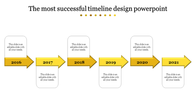 Stepwise timeline with metallic yellow arrows forming a sequential path, each linked to a white rectangular caption box.