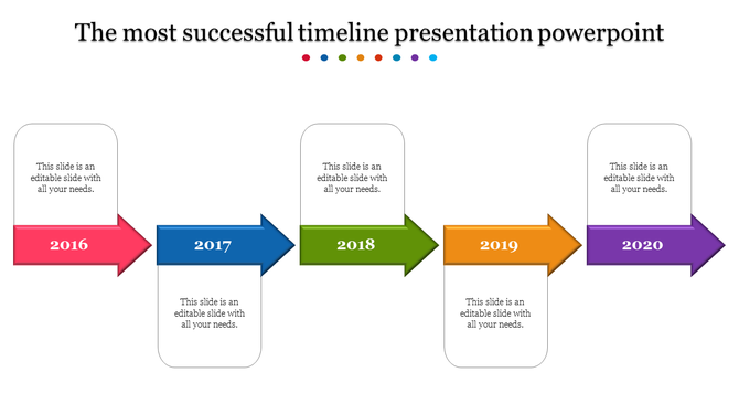 Timeline slide with arrows for the years 2016 to 2020, marked by vibrant colors in pink, blue, green, orange, and purple.