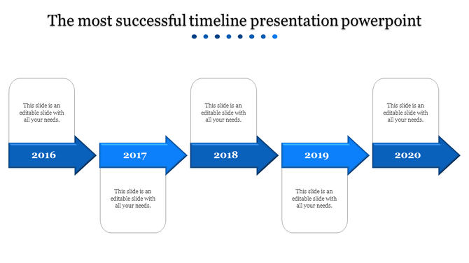 Timeline infographic with five blue arrow segments paired with rectangular text boxes for years 2016 to 2020.
