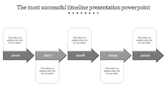 Monochrome timeline featuring five gray arrows pointing right, displaying years 2016 to 2020 with placeholder text boxes.