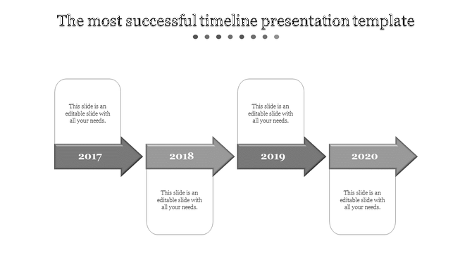 Grayscale timeline with four right facing arrows and text boxes, representing years 2017 to 2020 in a sequential flow.