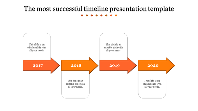 Orange arrow timeline PowerPoint slide with years 2017 to 2020, featuring text boxes.