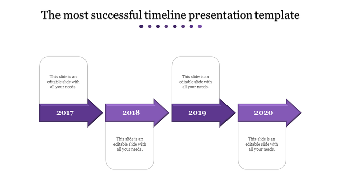 Purple themed timeline with four arrow shaped elements, each connected to a rounded text box for descriptions.