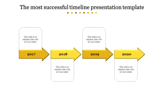 Yellow arrow timeline PowerPoint slide with years 2017 to 2020, featuring text boxes.