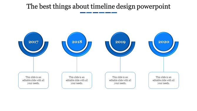 Blue themed timeline presentation template with year markers for 2017 to 2020 with placeholder text.