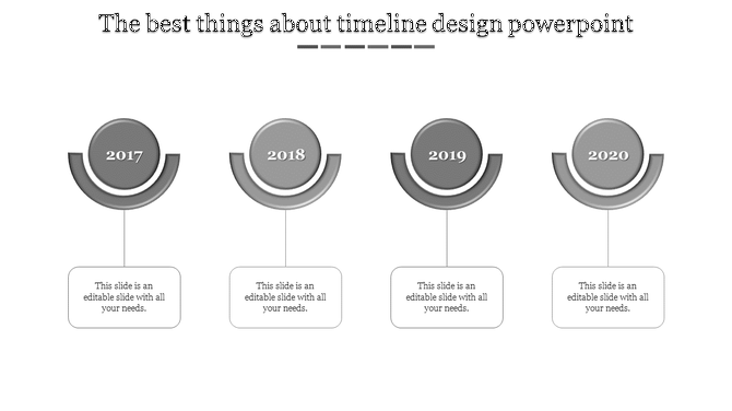 Grayscale timeline slide with circular milestone markers for 2017 to 2020, each connected to a text box below.