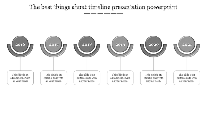 Timeline presentation template with grey circular year markers from 2016 to 2021, featuring text placeholders.