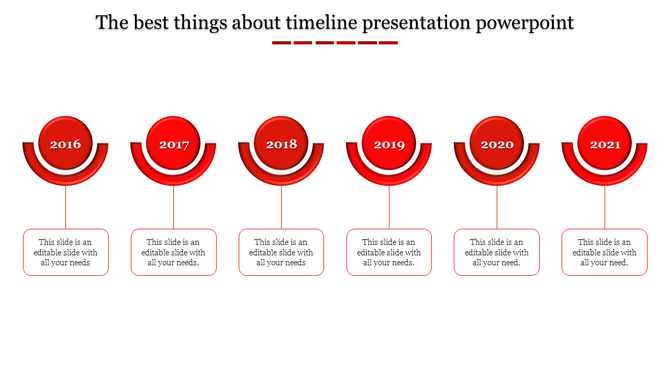 Structured timeline infographic featuring six red circular milestones with curved accents and description boxes.