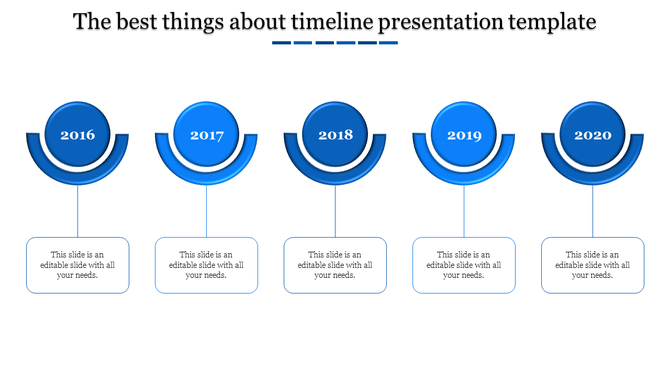 Timeline with five blue gradient circular year markers, arranged sequentially and connected to text areas below.