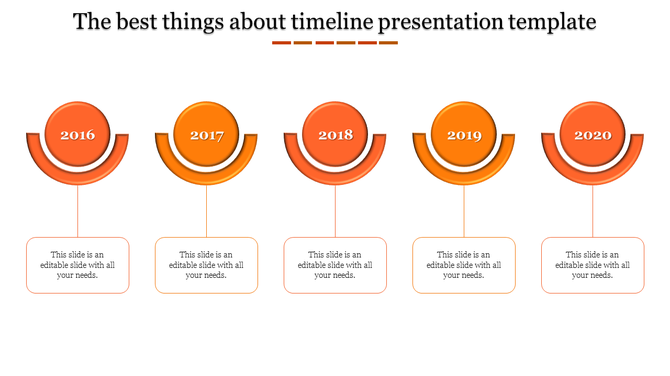 Timeline template with five circular orange markers and curved elements, representing years 2016 to 2020.