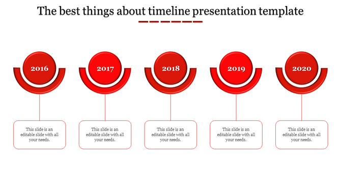 Timeline PowerPoint slide featuring red circular icons and year markers from 2016 to 2020, with descriptions.