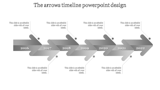 Flat timeline infographic featuring connected grayscale arrows representing years 2016 to 2022 with caption areas.