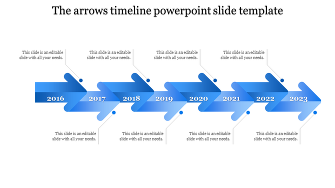 Linear process timeline with connected blue arrows labeled from 2016 to 2023, each linked to a placeholder text box.