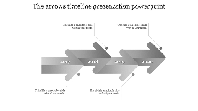 Grayscale arrow timeline from 2017 to 2020, featuring overlapping arrows in gradient shades of gray.