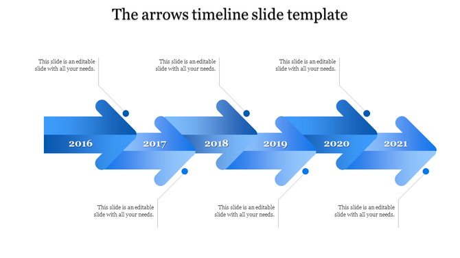 Horizontal timeline with six bold blue arrows labeled from 2016 to 2021, arranged in a continuous flow.