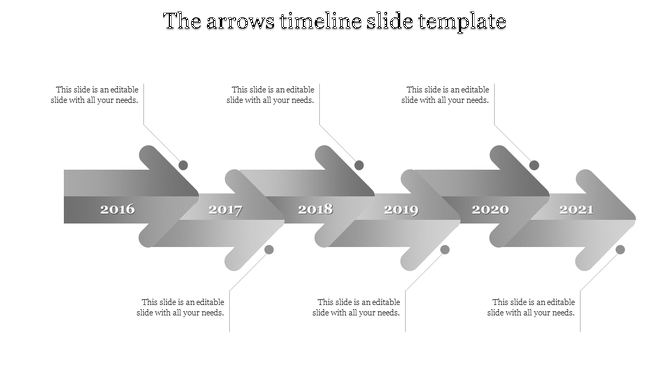 Timeline PowerPoint slide featuring grey arrows pointing from 2016 to 2021 with captions for each year.