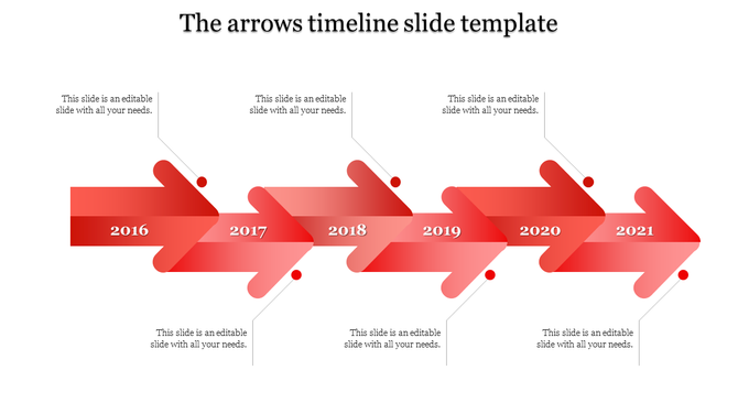 Timeline PowerPoint slide featuring red arrows pointing from 2016 to 2021 with captions for each year.
