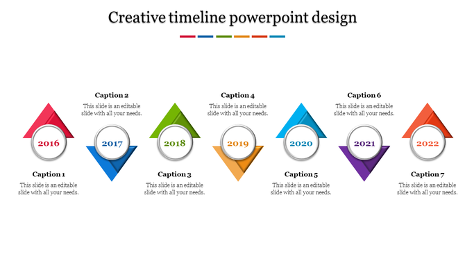 Creative timeline design featuring seven color-coded triangular milestones with circular year labels from 2016 to 2022.