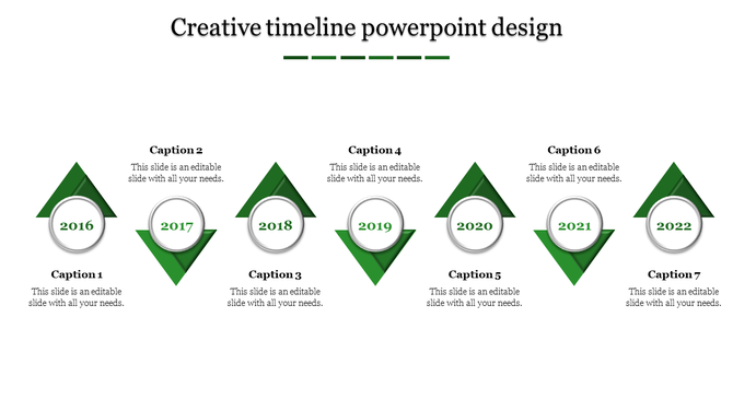 Creative timeline PowerPoint design with green triangular markers from 2016 to 2022 with captions.