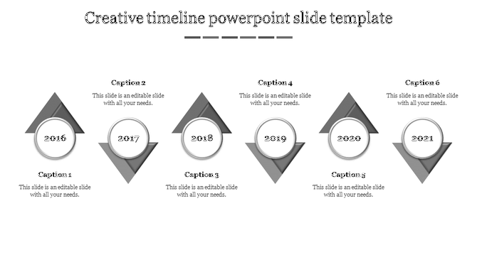 Timeline with six gray triangles and white circles, marking yearly milestones from 2016 to 2021, with text descriptions.