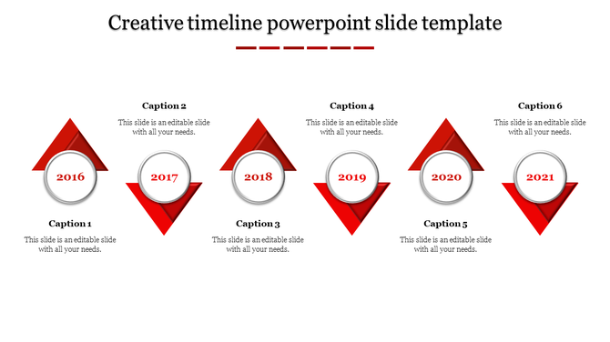 Modern timeline design featuring a sequence of red triangles, each enclosing a circular date marker from 2016 to 2021.