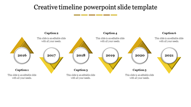 Creative timeline PPT slide with yellow triangles and years from 2016 to 2021 with placeholder text.