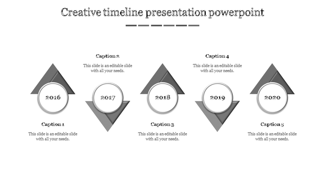 Creative timeline PowerPoint template with grey color triangular markers from 2016 to 2020 with captions.