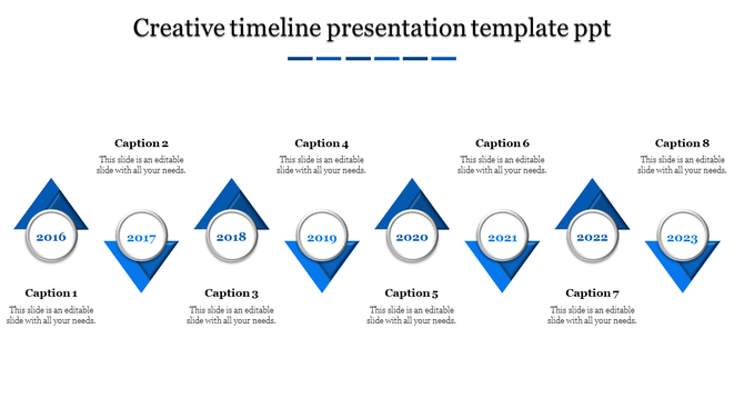 Creative PowerPoint timeline slide with blue triangular markers from 2016 to 2023 with captions and placeholder text.