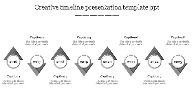 Timeline with a geometric layout, featuring eight milestone is represented by a gray triangle and a white circular label.