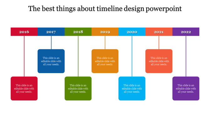 Colorful horizontal timeline with labeled years from 2016 to 2022, connected to square text boxes below by thin lines.