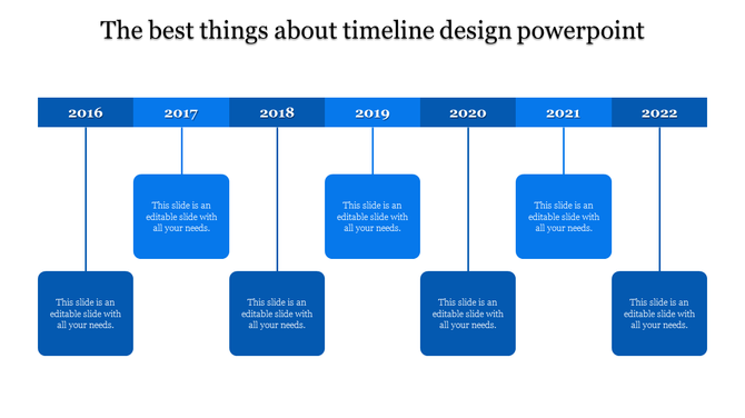 Horizontal timeline with years 2016 to 2022 in blue rectangles, each connected to a placeholder text box below.