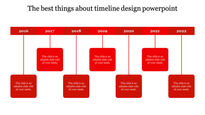 Minimalist timeline with a red horizontal banner labeled from 2016 to 2022, each linked to red square placeholders.