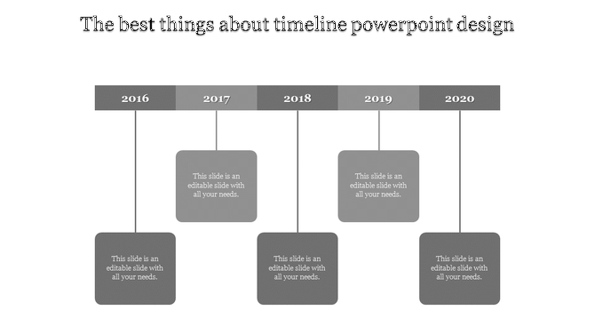 Grayscale horizontal timeline from 2016 to 2020, with hanging milestone boxes connected by thin vertical lines.