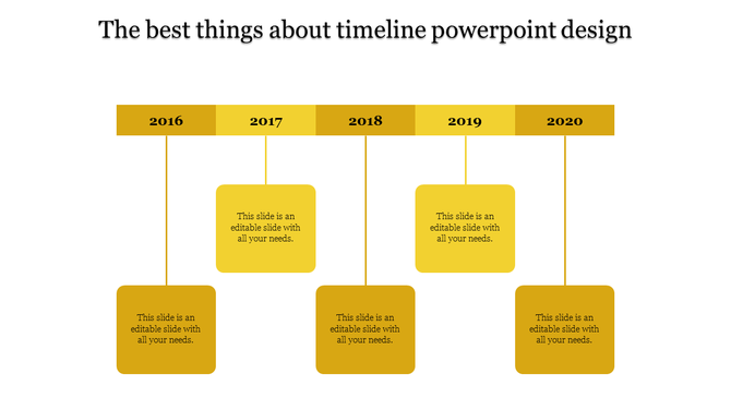 Timeline featuring a horizontal bar with years 2016 to 2020, each connected to yellow square sections for captions.
