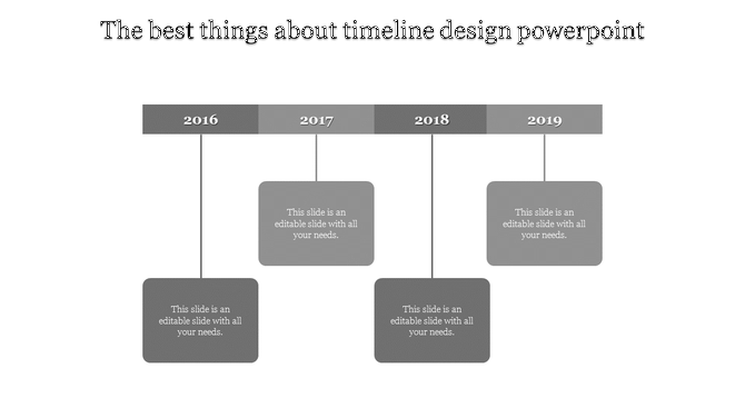 Grayscale timeline design with a clean layout, featuring four milestone markers, and hanging text descriptions.