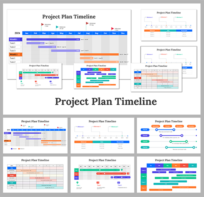 Slide deck with multiple project plan timelines featuring color coded bars across months, tasks, and deliverables.